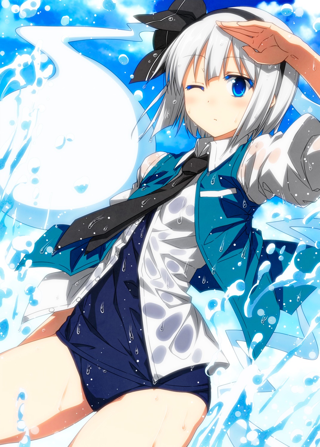 Sazanami Mio Touhou Konpaku Youmu Myon Open Shirt School Swimsuit Swimsuits Wet Clothes